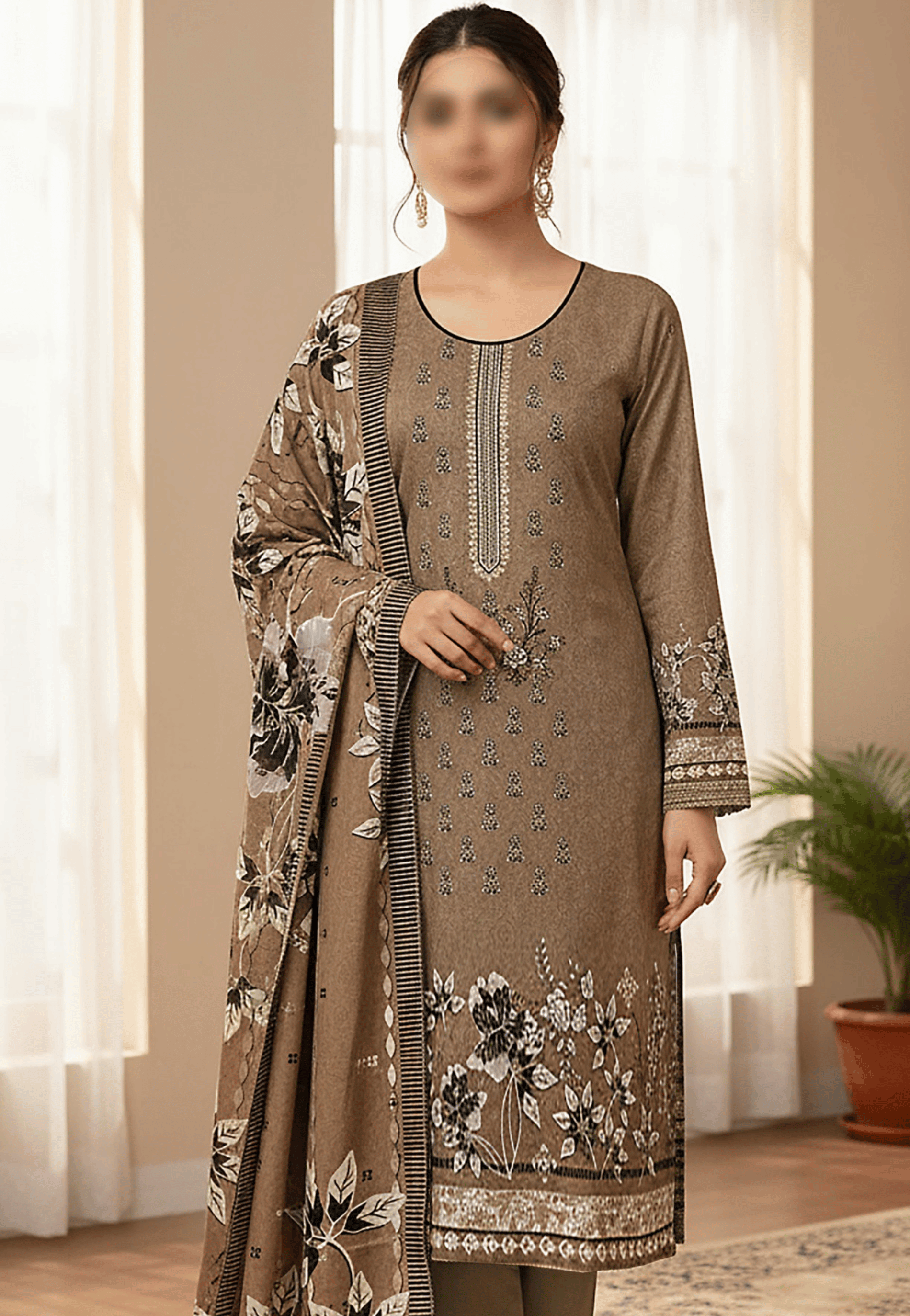 Golden Shamra – Embroidered 3-Piece Digital Print Suit