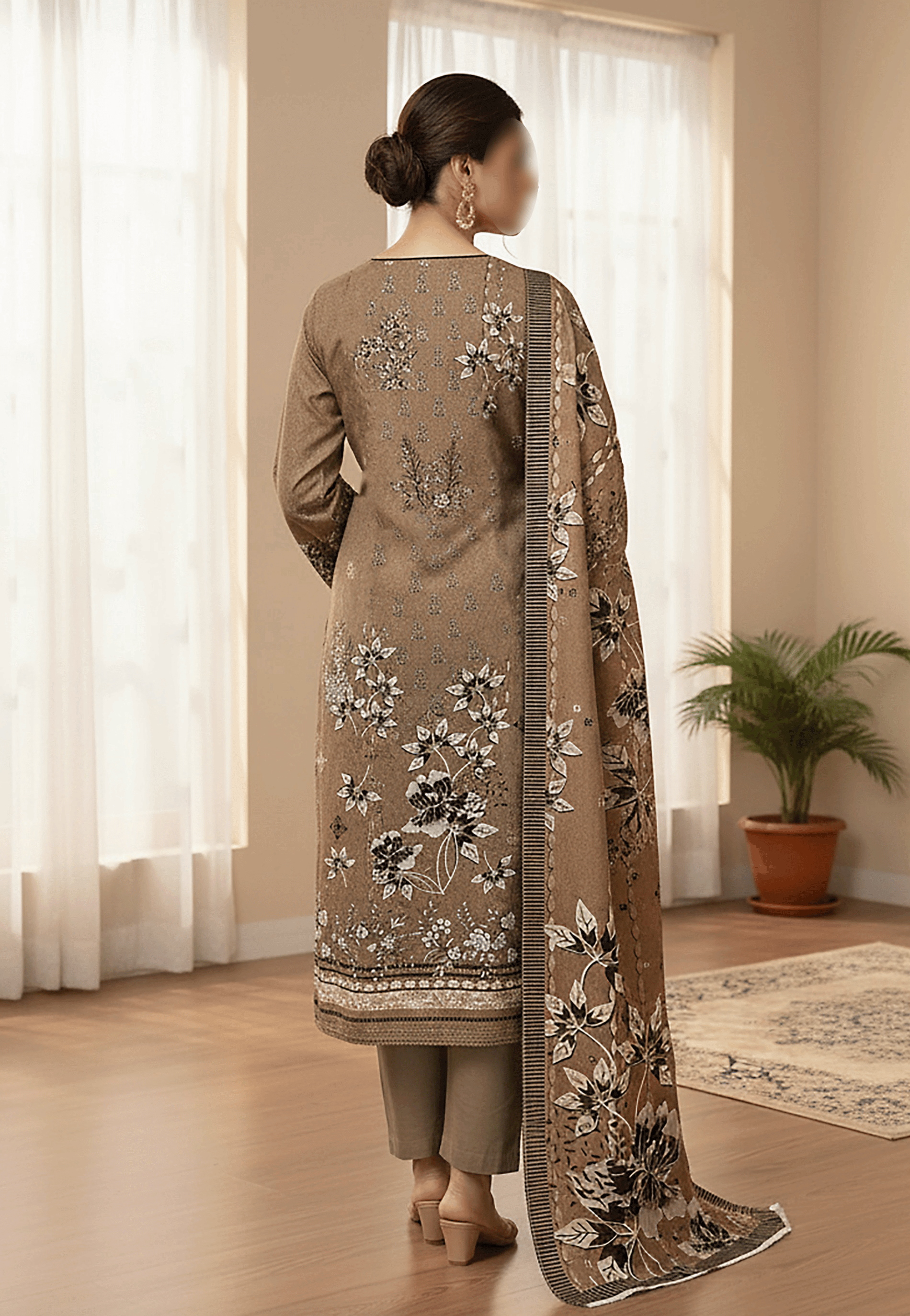 Golden Shamra – Embroidered 3-Piece Digital Print Suit