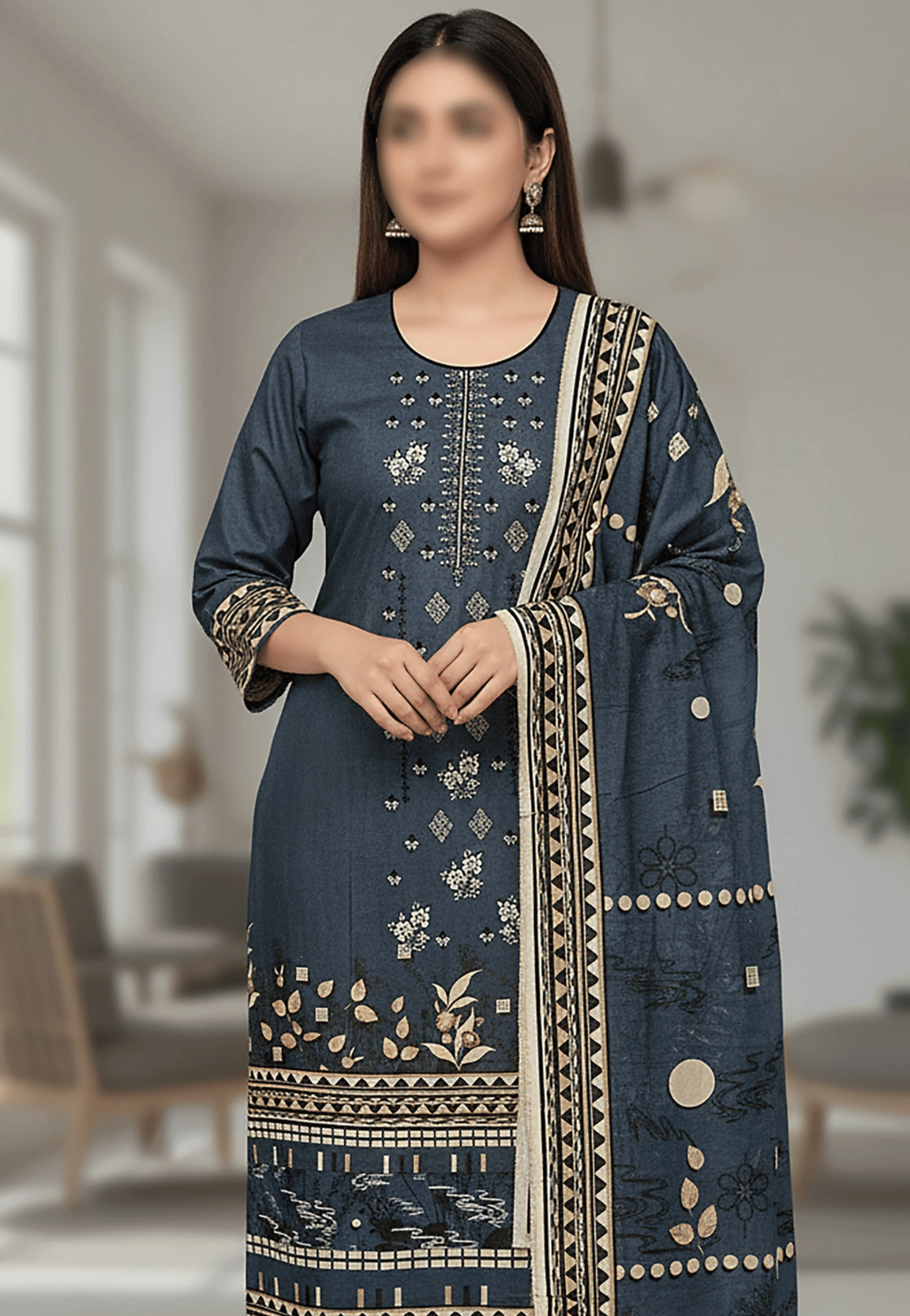 Gold-Printed 3-Piece Lawn Suit